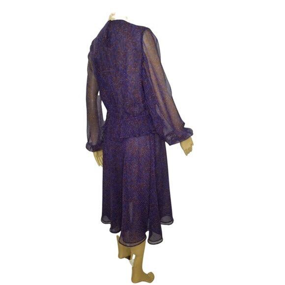 1970s Purple Sheer Leopard Print Peplum Midi Dress Long Sleeve Size 10 Vintage - Picture 3 of 9